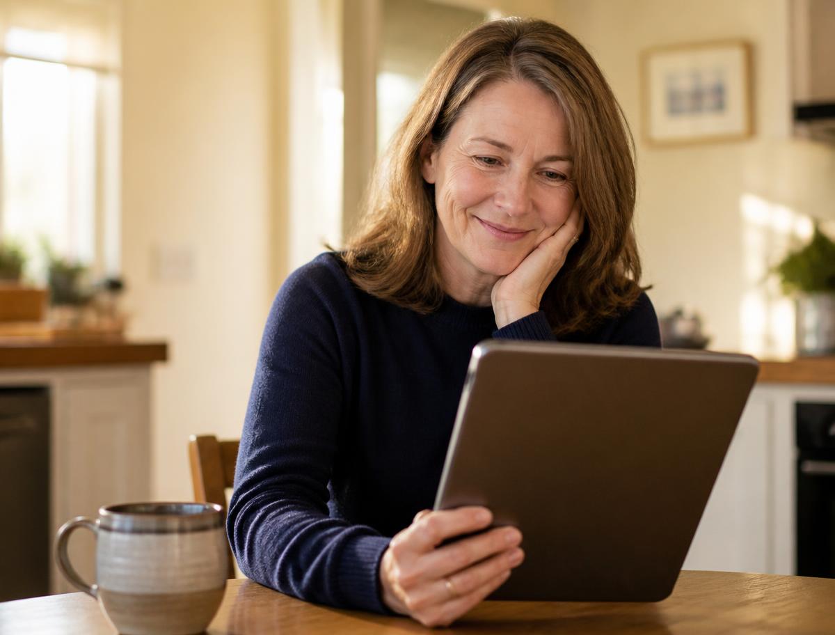 An adult daughter reading a session progress report on a tablet at her kitchen table