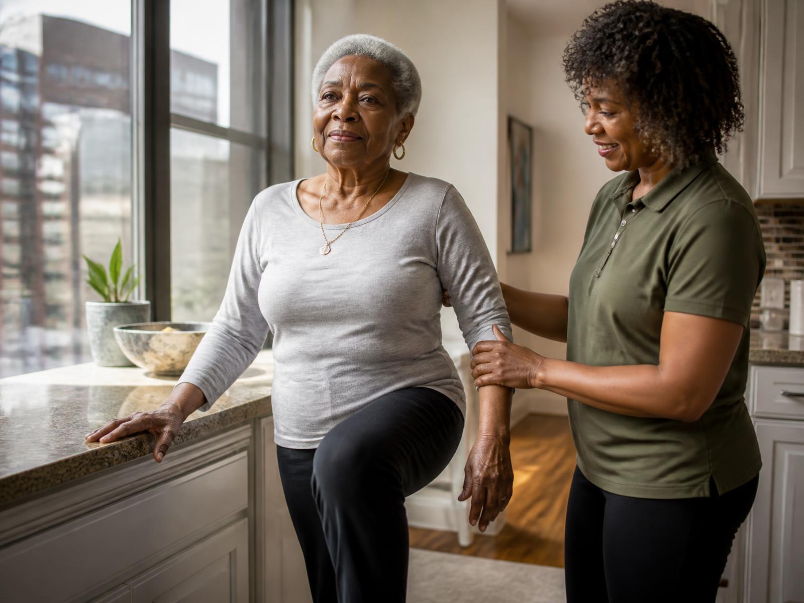A trainer supporting an older woman through a standing balance exercise in her kitchen
