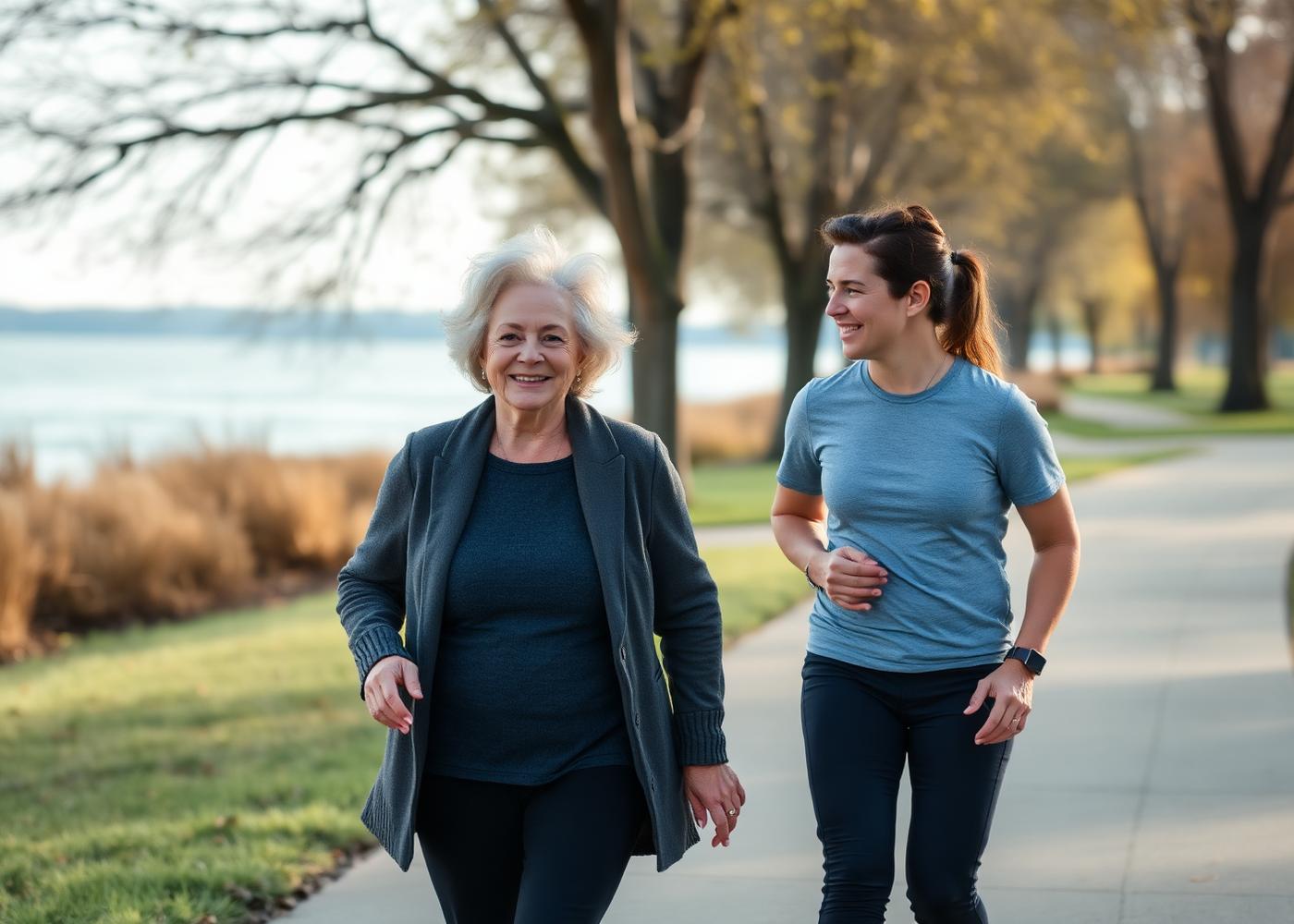 An older woman walking outdoors along the lakefront with a trainer