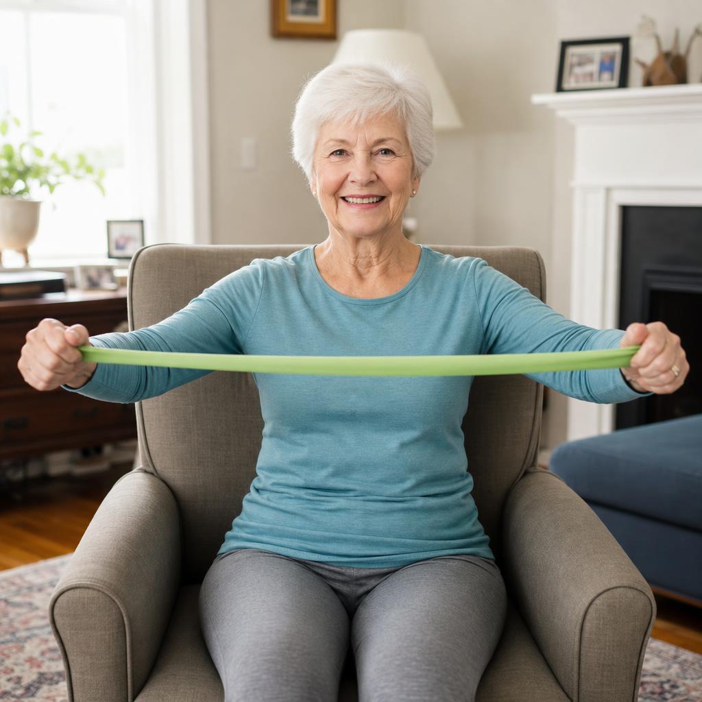 Margaret smiling during seated resistance band arm work