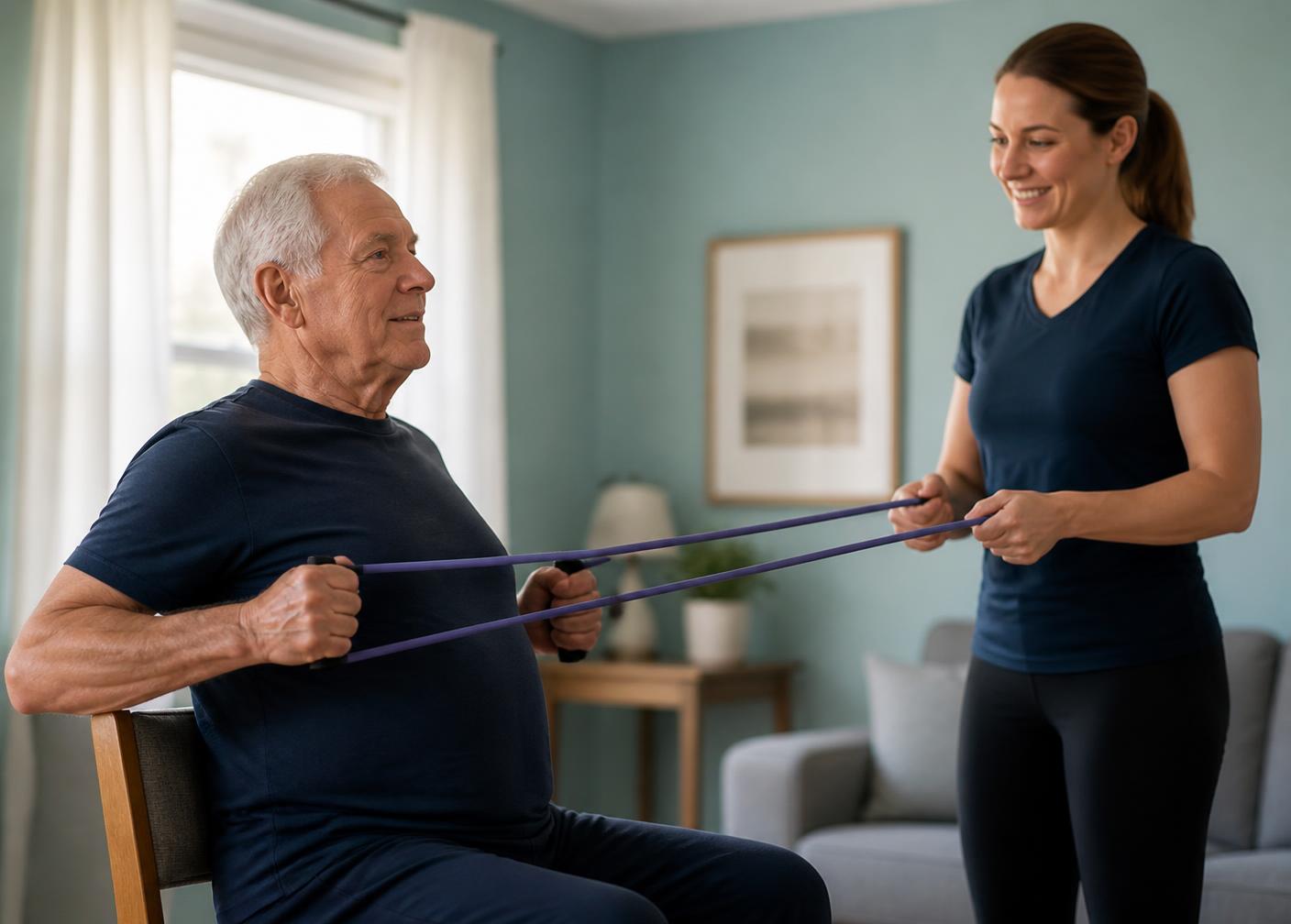 A trainer guiding an older adult through a seated strength exercise at home