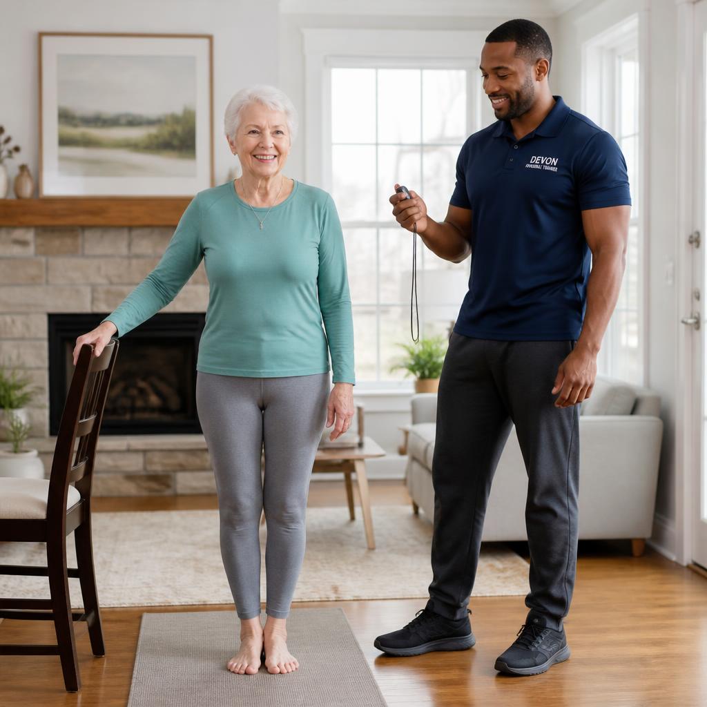 Margaret holding a standing balance position at her chair